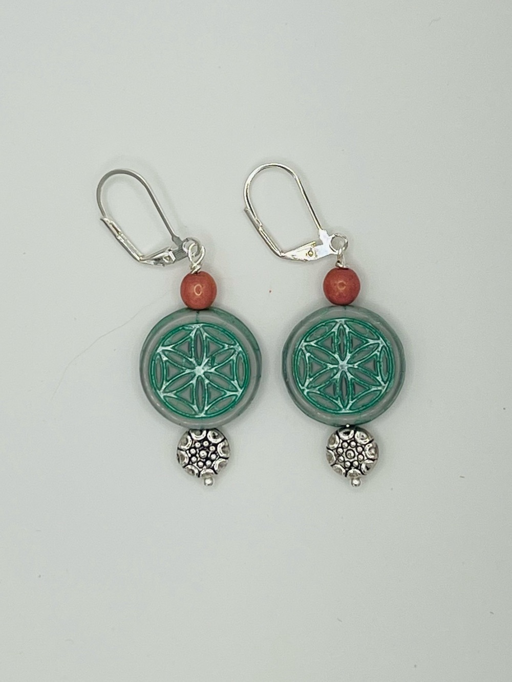 Czech Glass Medallion Dangle Earrings – Teal & Terracotta